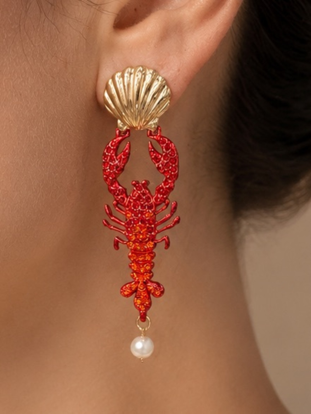 Red Lobster Drop Earrings with Pearl Accent